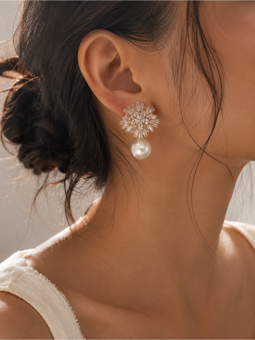 Gold Crystal Floral Drop Earrings with Pearl Accent